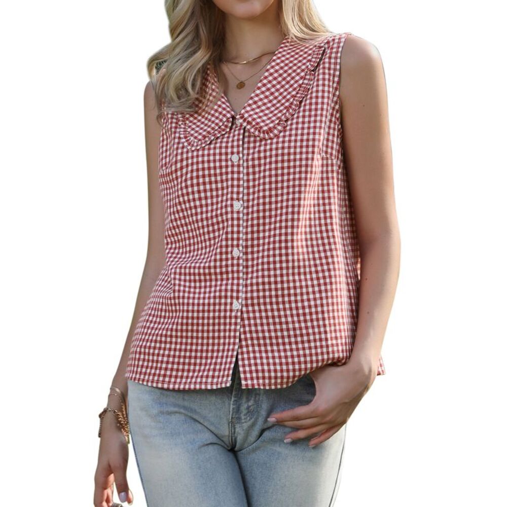Women's Peter Pan Collar Shirt Button Down Blouse Gingham Top Red